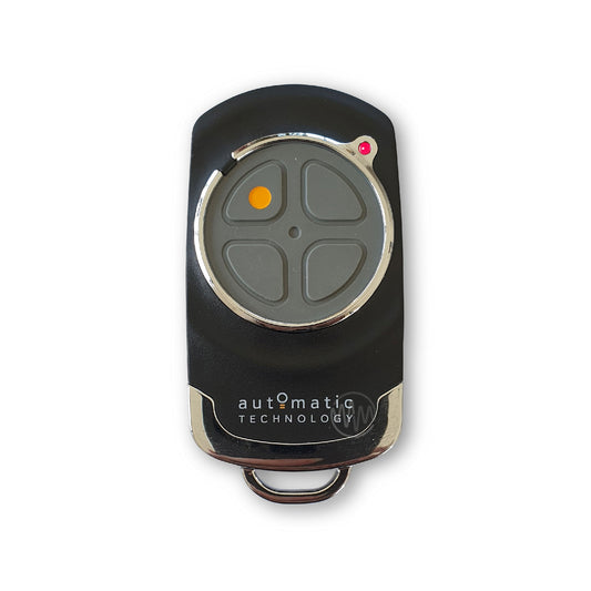 Automatic Technology branded black garage & gate remote with chrome accents & grey button pad segmented into 4 buttons