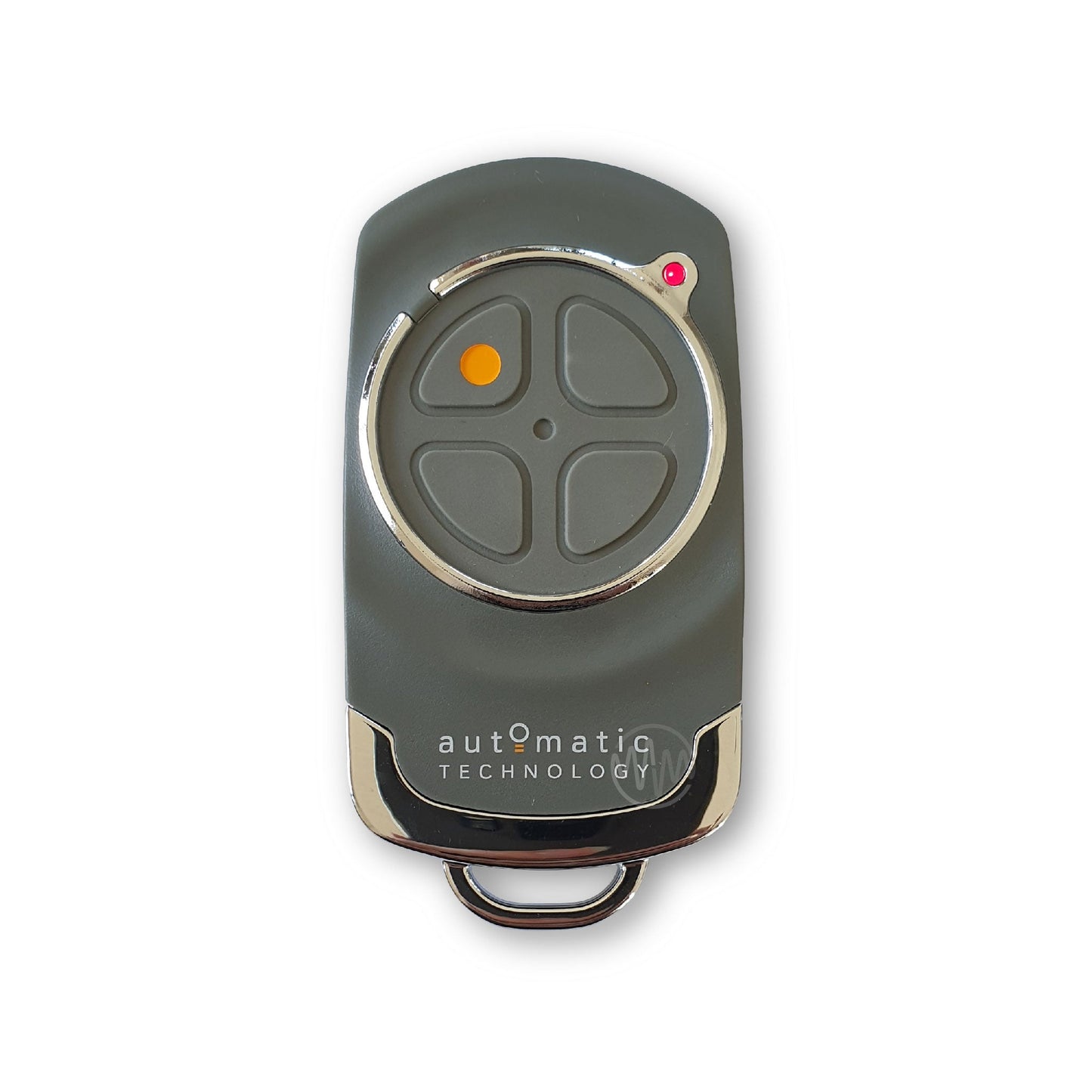 Automatic Technology branded grey garage & gate remote with chrome accents & grey button pad segmented into 4 buttons
