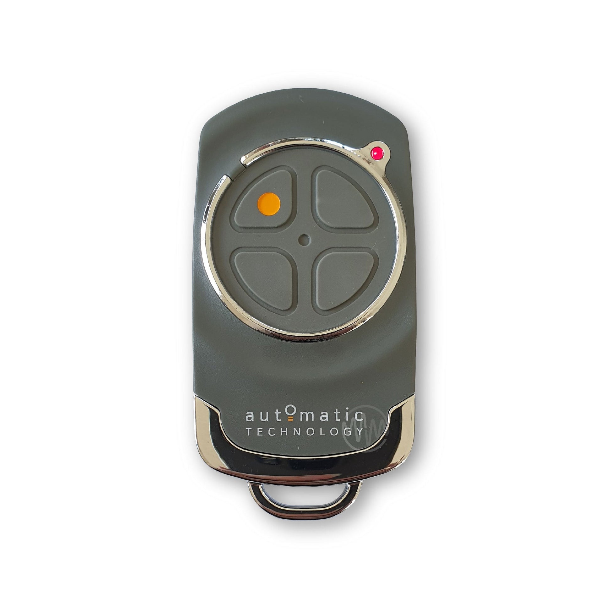 Automatic Technology branded grey garage & gate remote with chrome accents & grey button pad segmented into 4 buttons