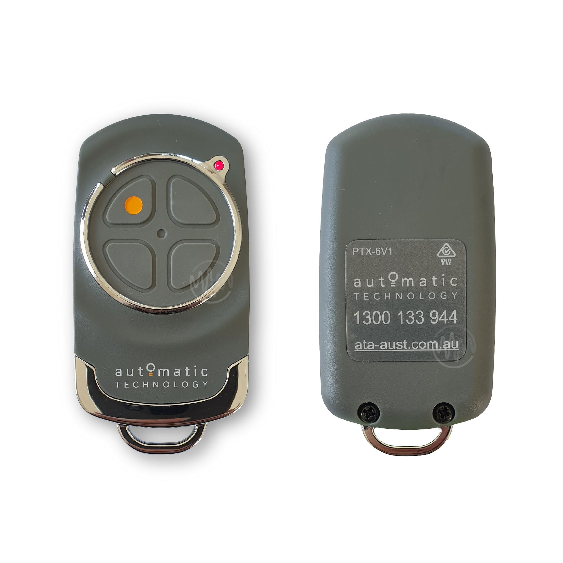 Automatic Technology branded PTX-6v1 grey & chrome garage door remote with 4 grey buttons front & back view