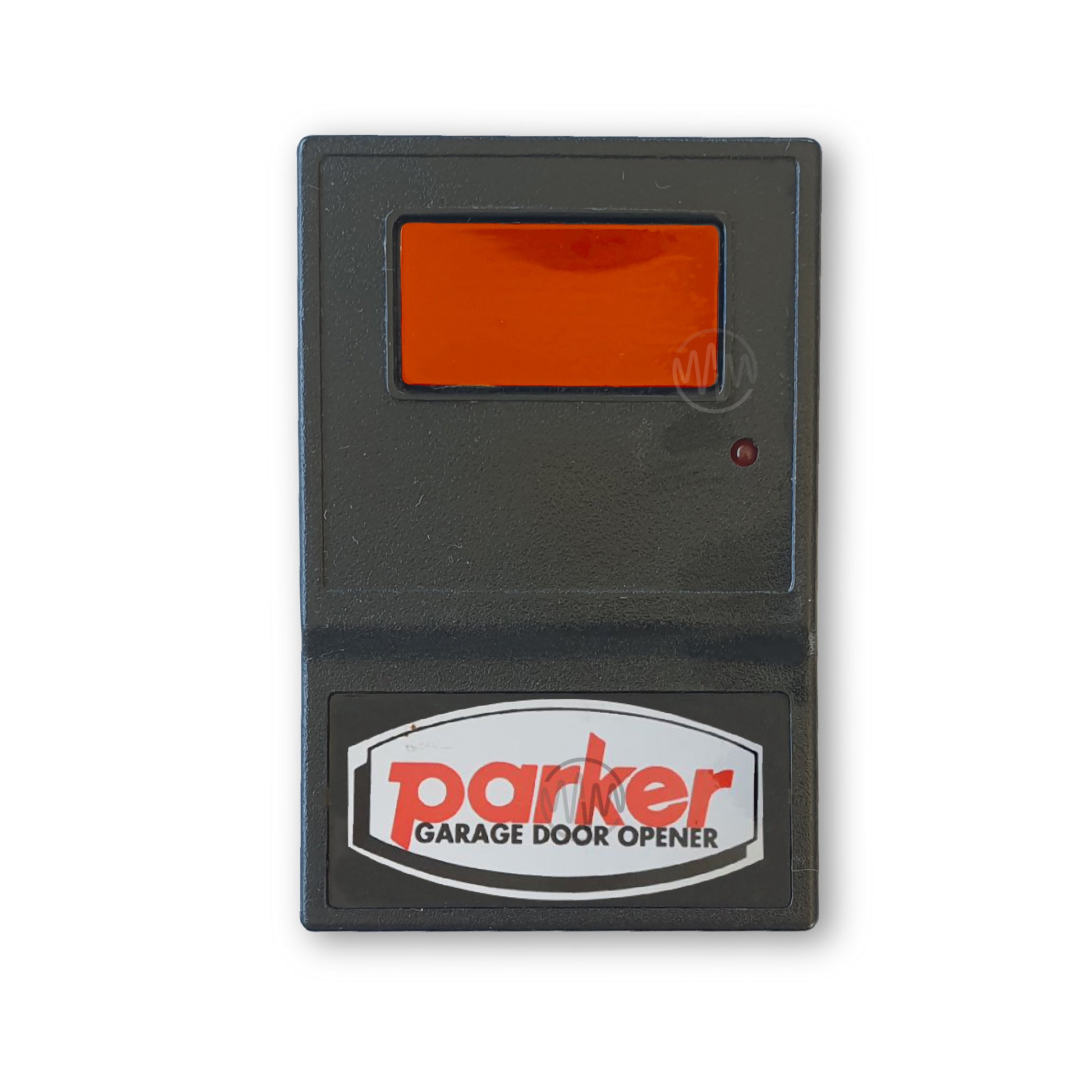 A black Parker garage door remote with an orange window displaying the brand name 'PARKER GARAGE DOOR OPENER'.