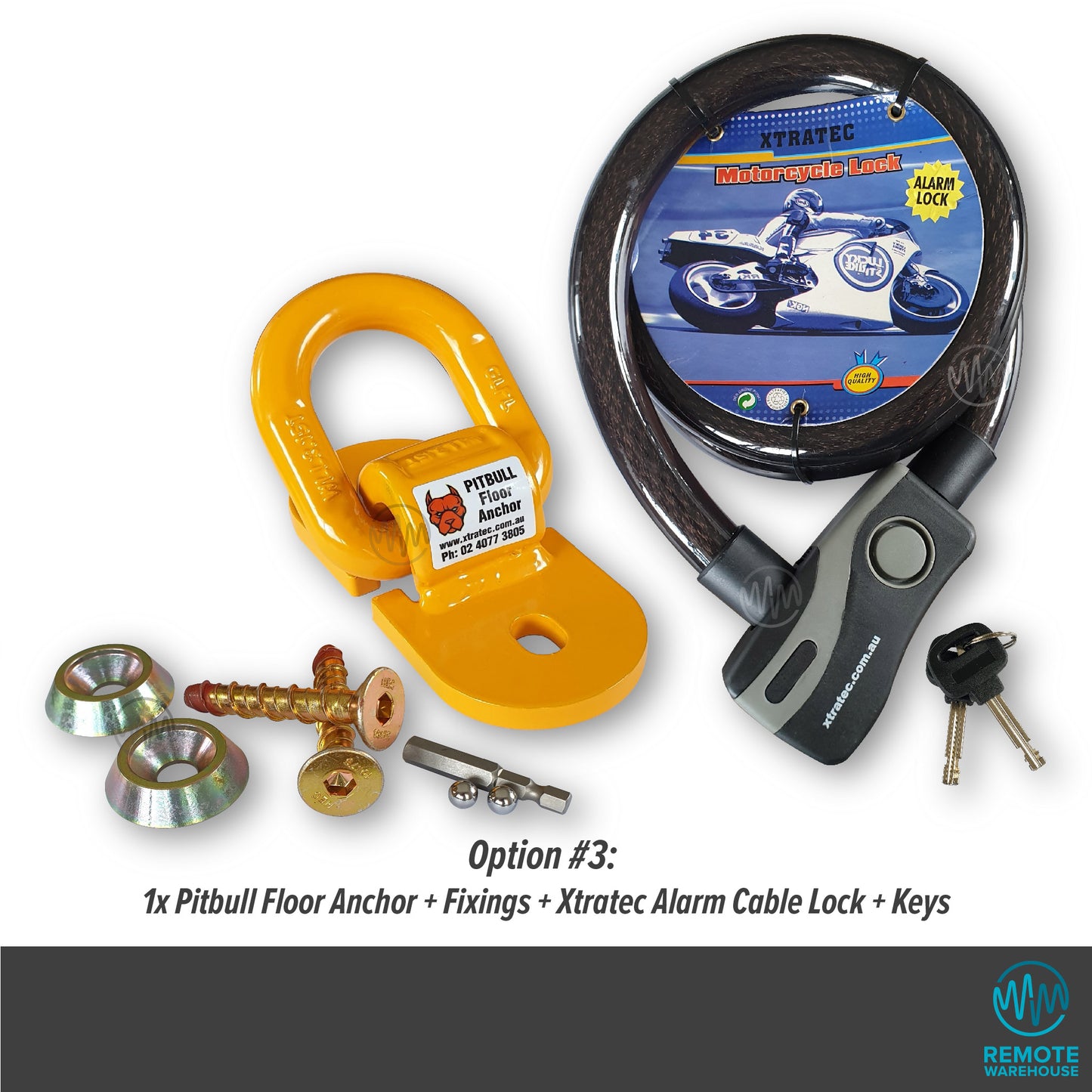 Xtratec Pitbull yellow security floor anchor with fixings & alarm cable lock with a pair of keys