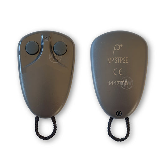 Dark grey Prastel gate remote with 2 round rubber buttons & the model number MPSTP2E on the back