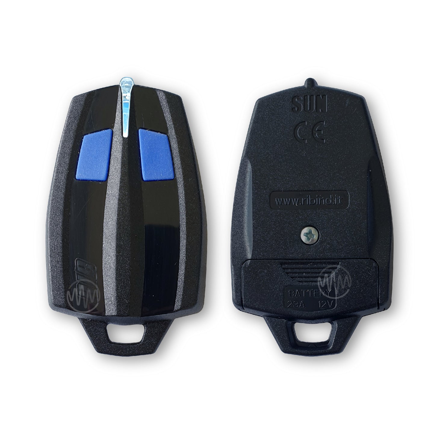 Front & back of black Rib Sun rocket shape gate remote with 2 blue buttons & ice blue LED at top