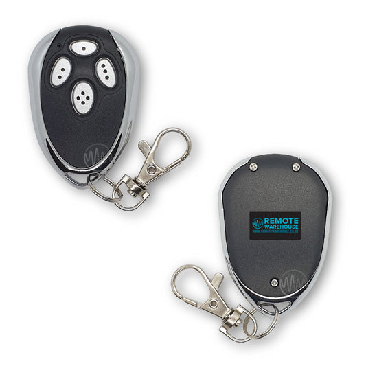 RSO25B black & chrome tear drop shape replacement garage door remote with 4 silver buttons front & back view