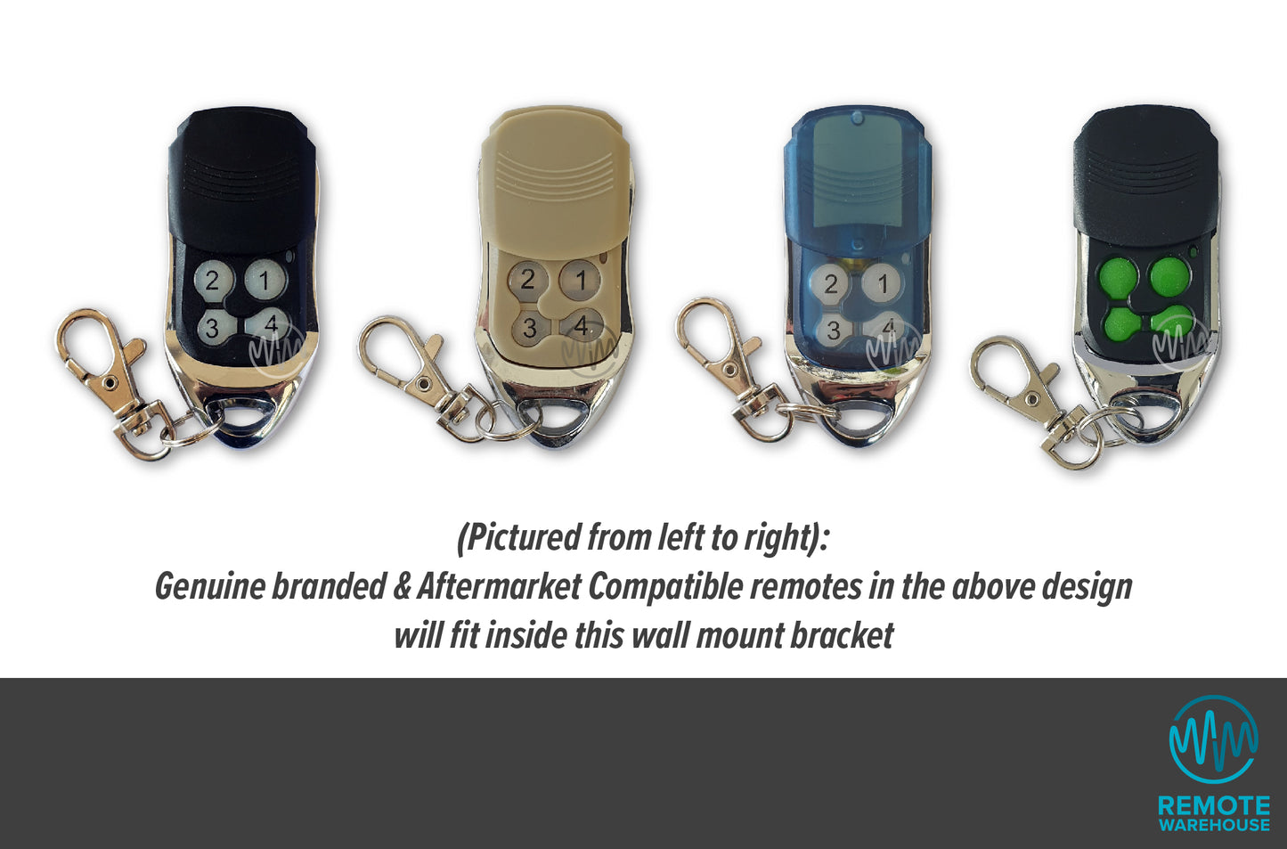 group of chrome & plastic 4 button garage & gate remotes that fit wall bracket