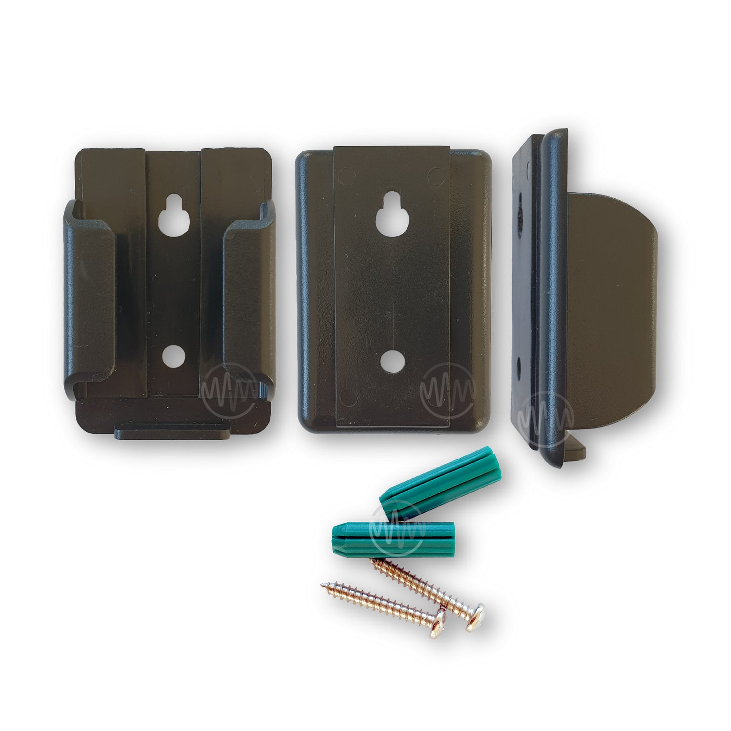 Front, back & side view of black plastic Wall mount bracket accessory with screws & plugs for garage door remotes