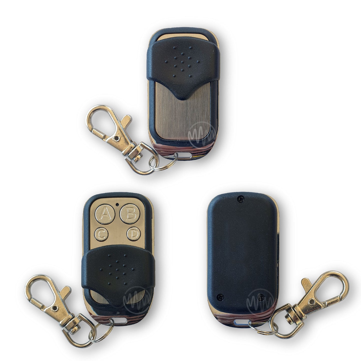3 different views of a Richmond Rolling Solutions black & chrome gate remote control with keychain