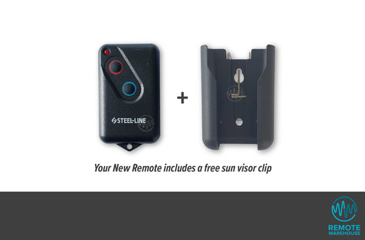 Steel-Line HT4 black 2 round button remote with sun visor clip attachment shown alongside