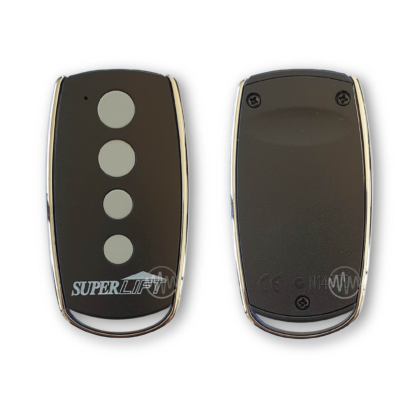 Front & Back view of black & chrome superlift branded garage door remote