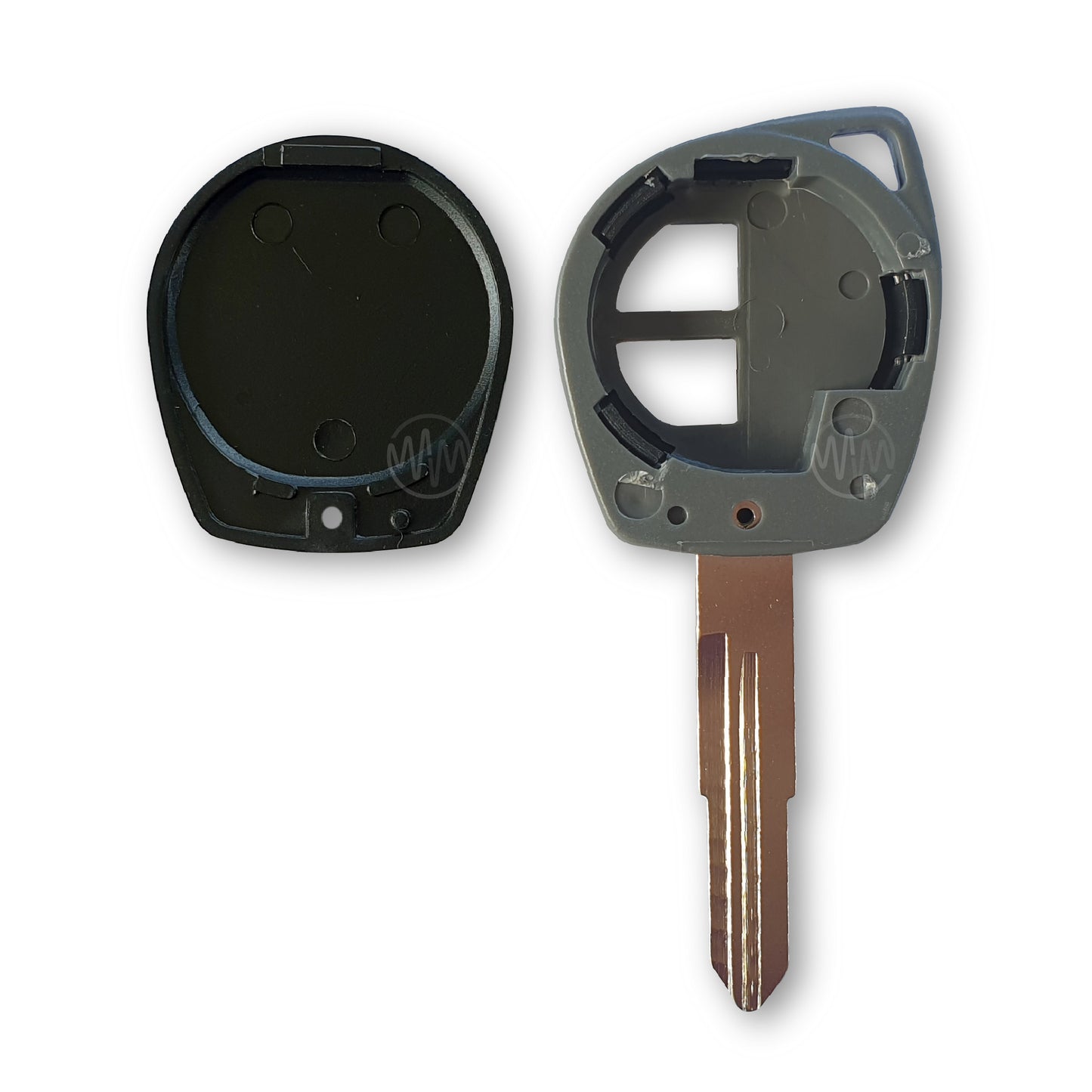 Inside of replacement black car key shell with metal key blade attached for Suzuki