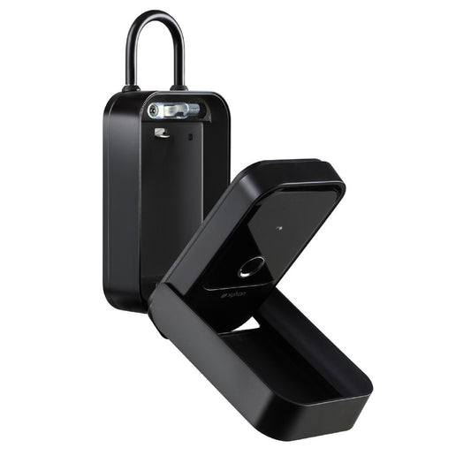 Side of Sylvan brand black metal Shackle type lock box shown open