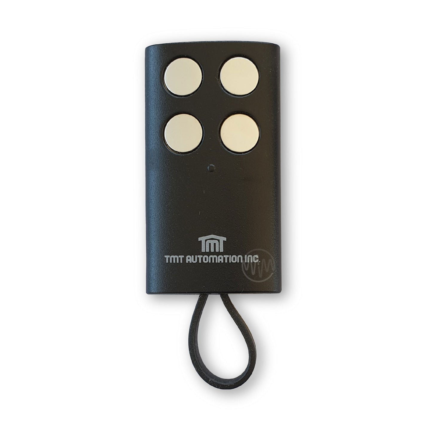 Black long rectangle TMT Automation Inc branded gate remote with 4 round silver buttons & rubber key ring clip