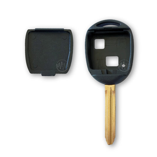 Inside of replacement black car key shell with metal key blade attached for Toyota