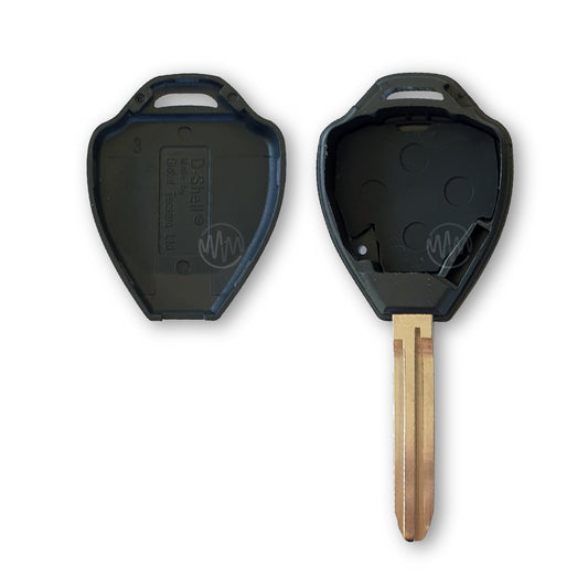 Inside of replacement black car key shell with metal key blade attached for Toyota