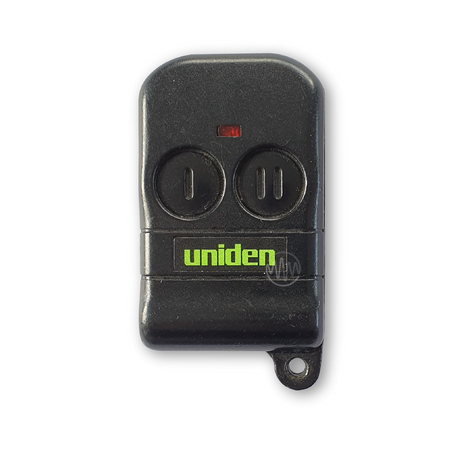 Uniden branded black 2 button garage door remoted with roman numeral design on buttons
