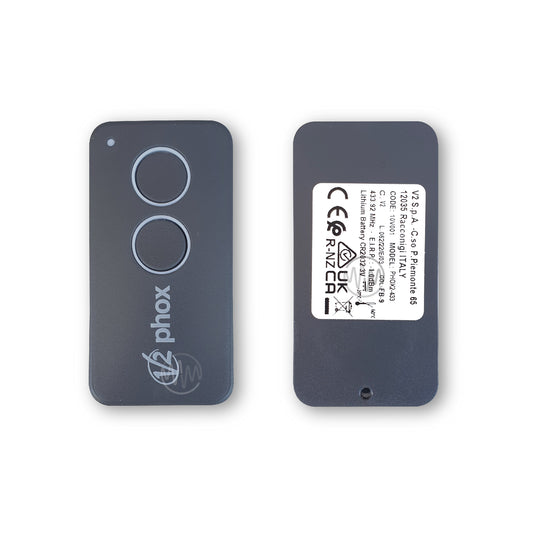 Front & back view of dark grey V2 Phox branded gate & garage remote with 2 white outlined round buttons