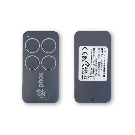V2 Phox branded grey rectangle gate remote control with 4 white outlined round buttons front & back view