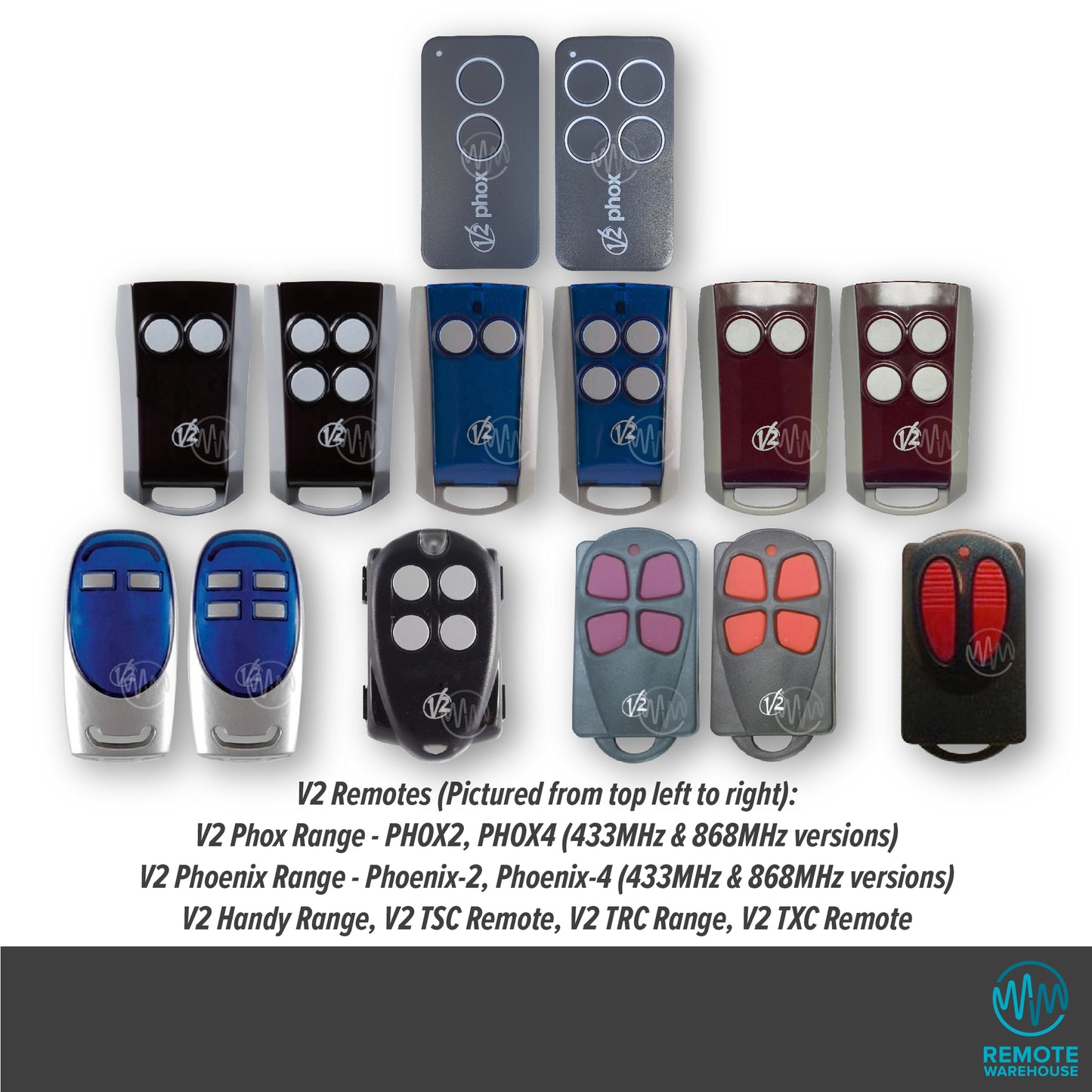A collection of new & older V2 branded garage & gate remotes with 2 or 4 buttons in various designs & colours.