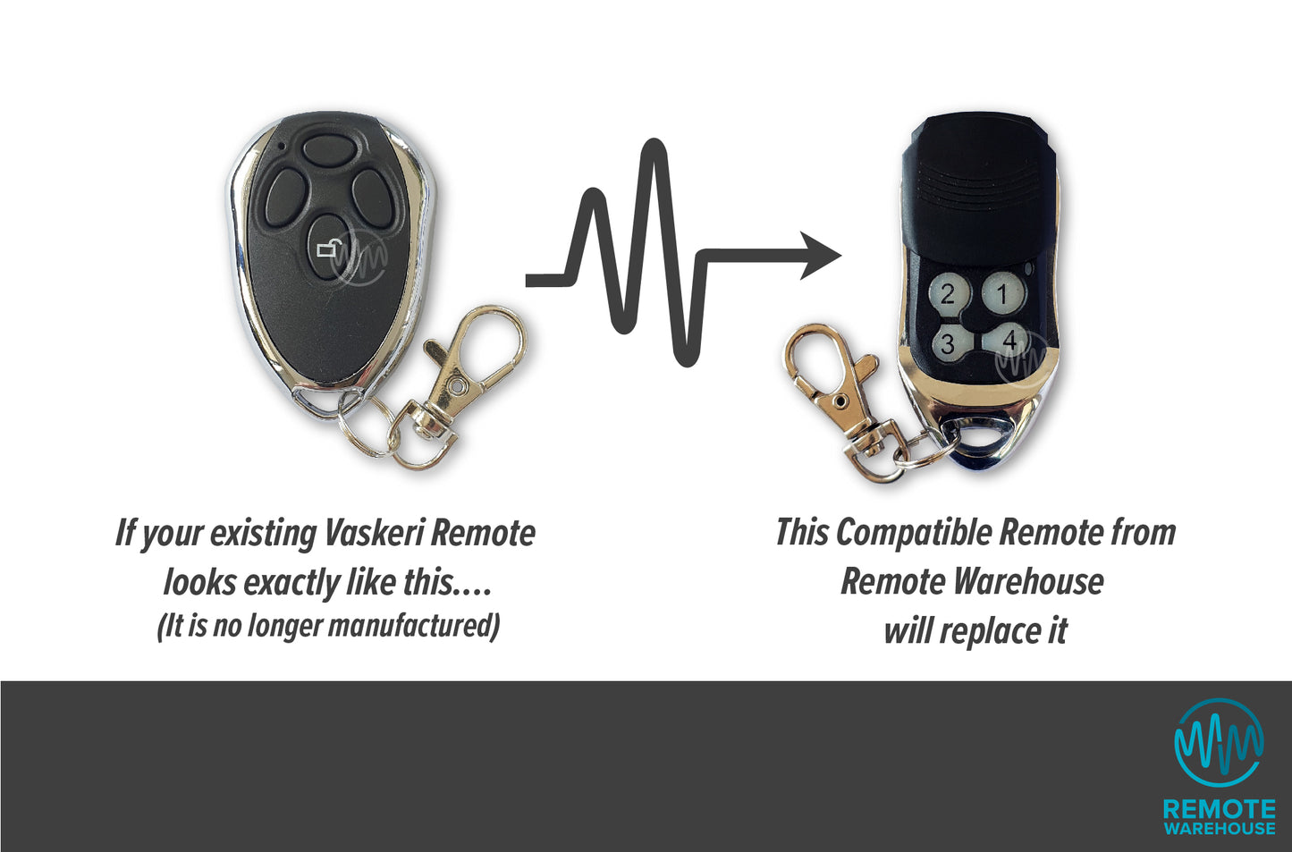 Chrome & black tear drop shape remote with 4 oval buttons is shown with its replacement chrome & black 4 button garage remote with slider cover