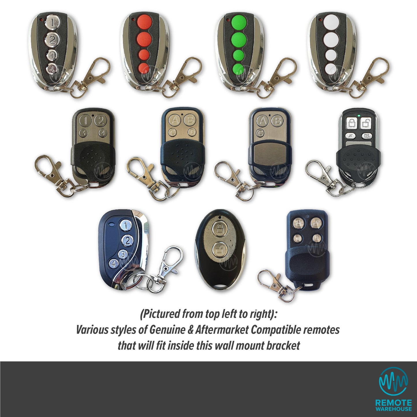 Various styles of garage door remote controls that fit in wall mount bracket