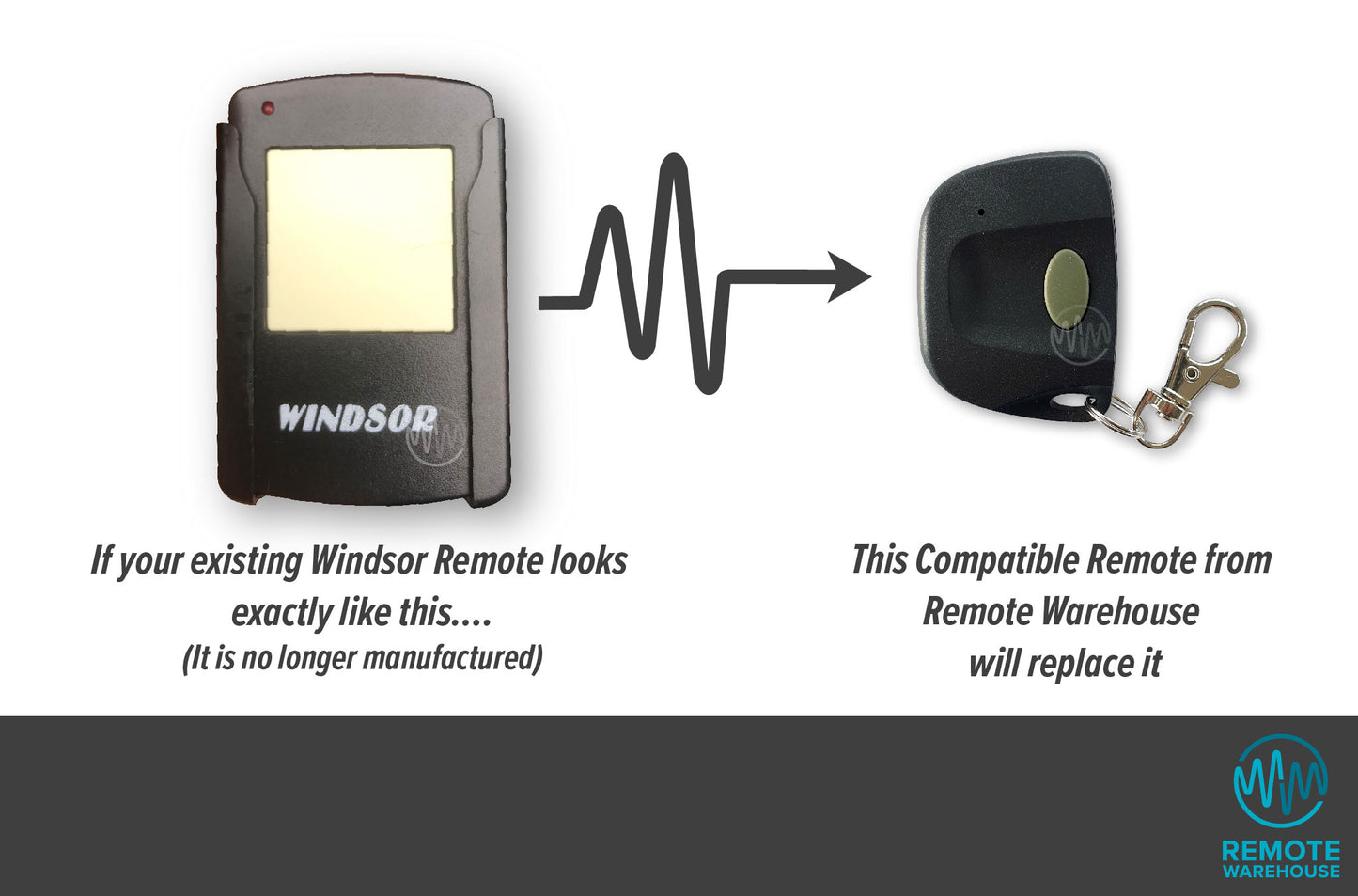 Windsor large square white button sun visor remote replaced with small single button key ring remote