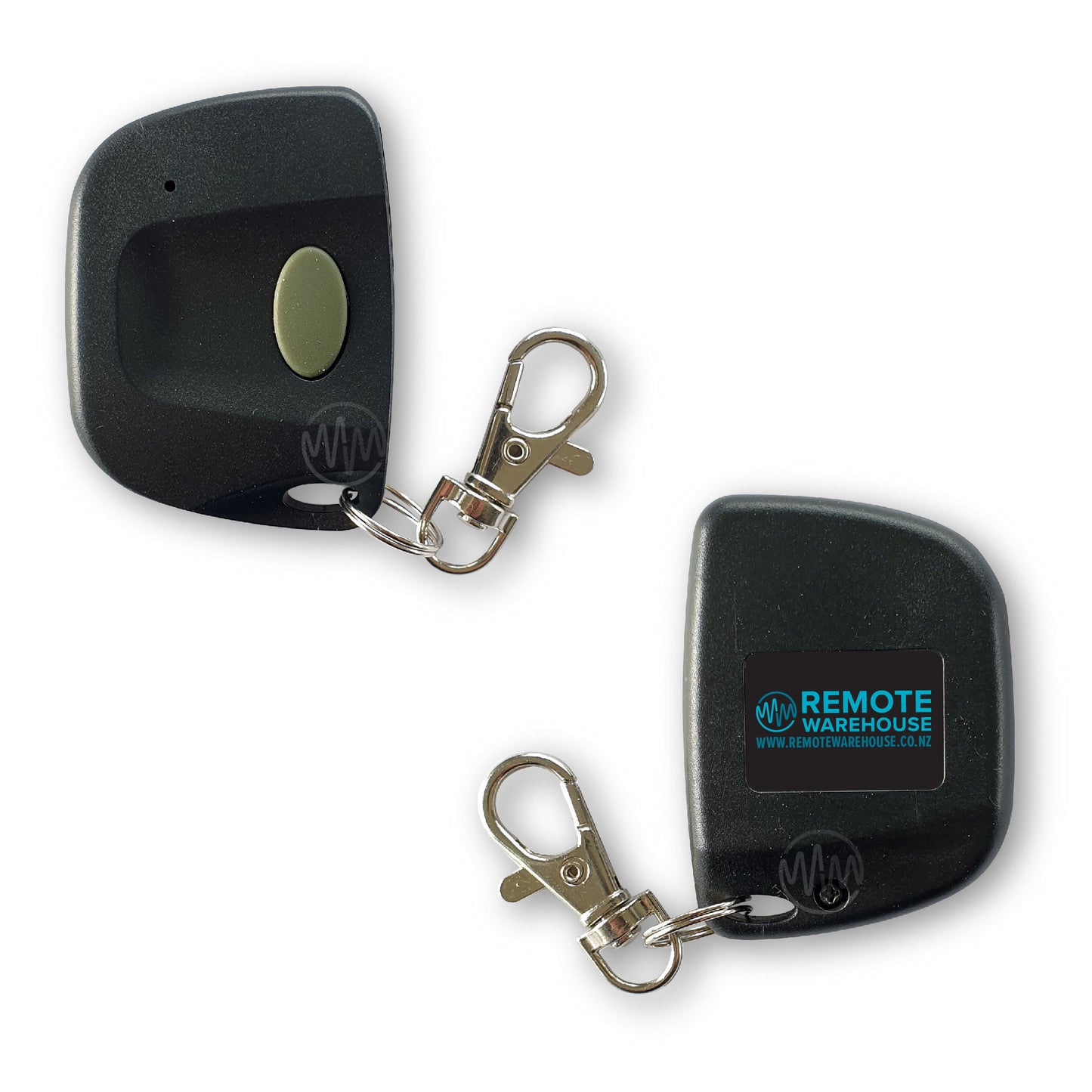 Front & back of black keyring type garage door remote with single oval grey button
