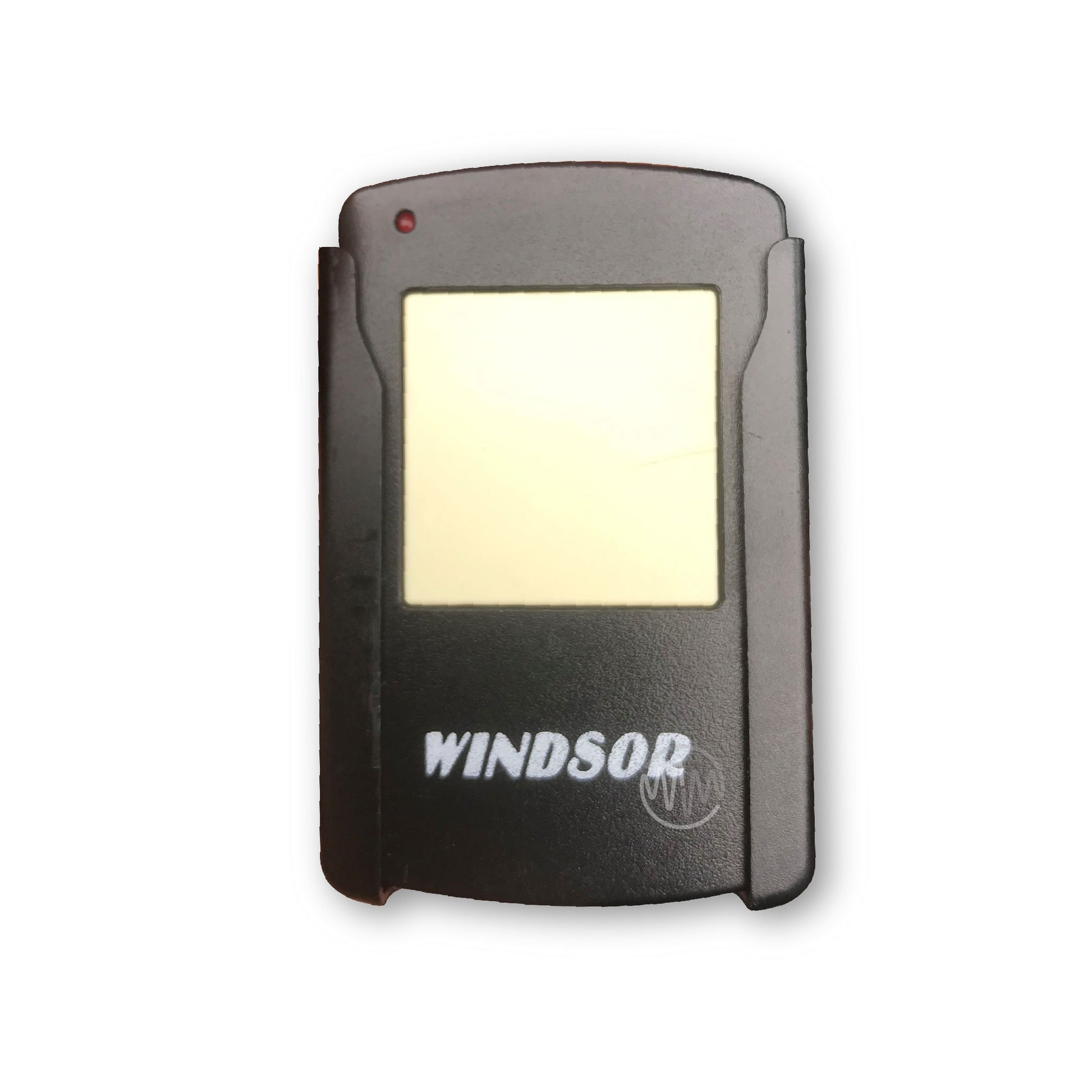 Windsor branded black sun visor style garage remote with large square white button