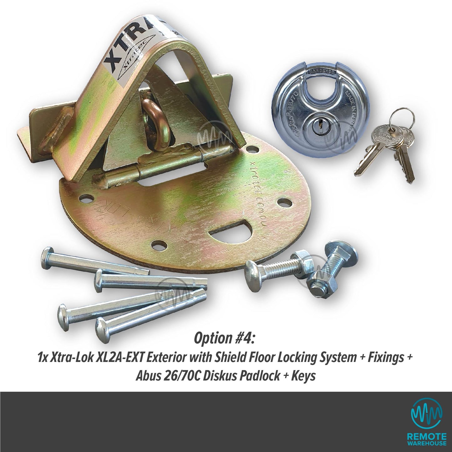 Xtra-Lok XL2A-EXT commercial floor lock system set with Abus Diskus padlock, keys & fixings
