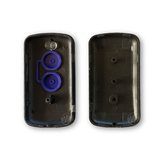 A black 2-button remote replacement shell casing with blue buttons, internal front and back view.