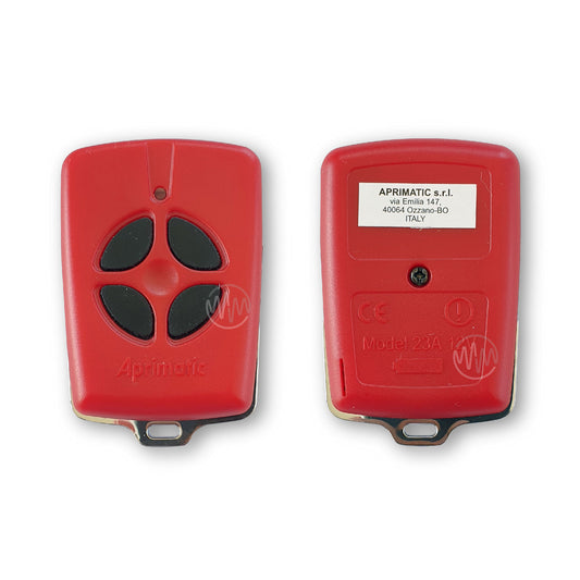 Aprimatic TM4 small bright red remote with4 black buttons arranged in a circle front & back view