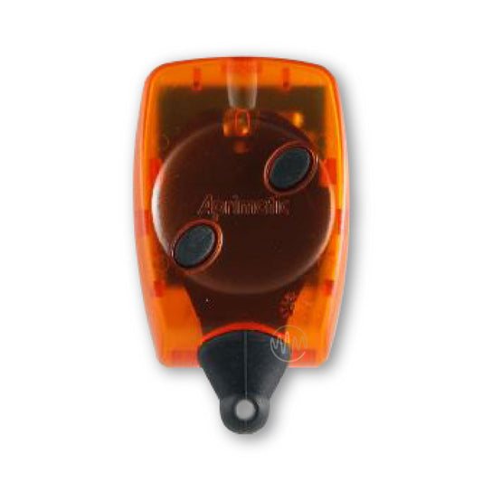 Aprimatic orange gate remote with 2 oval rubber black buttons