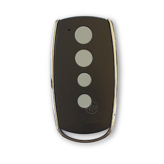black Conqueror garage door remote with metal frame & 4 grey circle buttons in a row