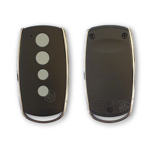 black Conqueror garage door remote with metal frame & 4 grey circle buttons in a row front & back view