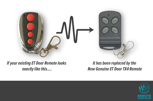 Red Button ET Door garage remote replaced by TX4 grey button remote
