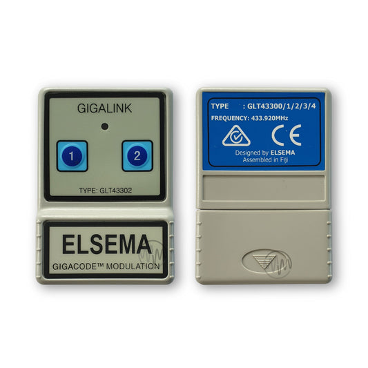 Large beige rectangle Gigalink GLT43302 remote with 2 raised blue numbered buttons front & back view