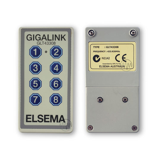Large beige rectangle Gigalink GLT43308 remote with 8 blue octogon numbered buttons front & back view