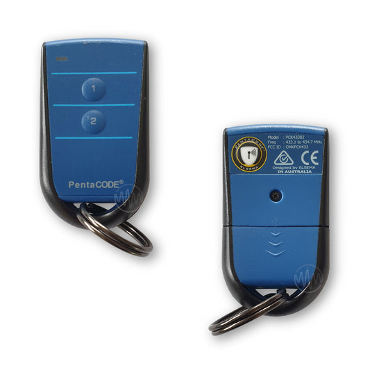 Black & Blue Pentacode PCK43302 remote with 2 raised circle buttons front & back view