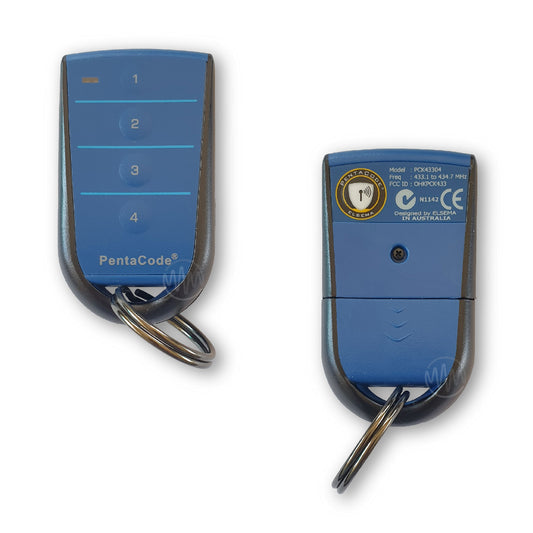 Black & Blue Pentacode PCK43304 remote with 4 raised circle buttons front & back view