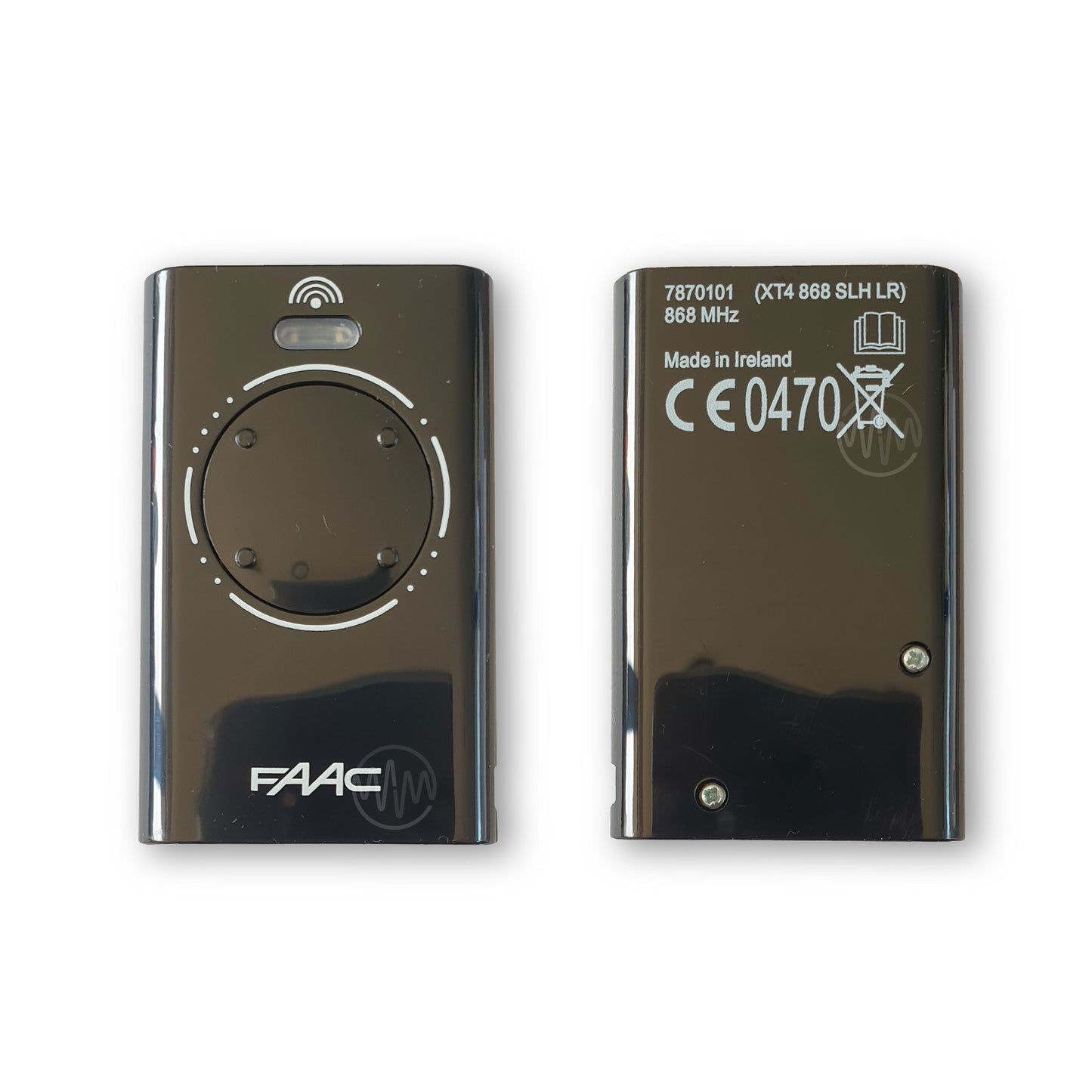 Front & back of Faac black XT4 868 SLH LR 4 button gate remote