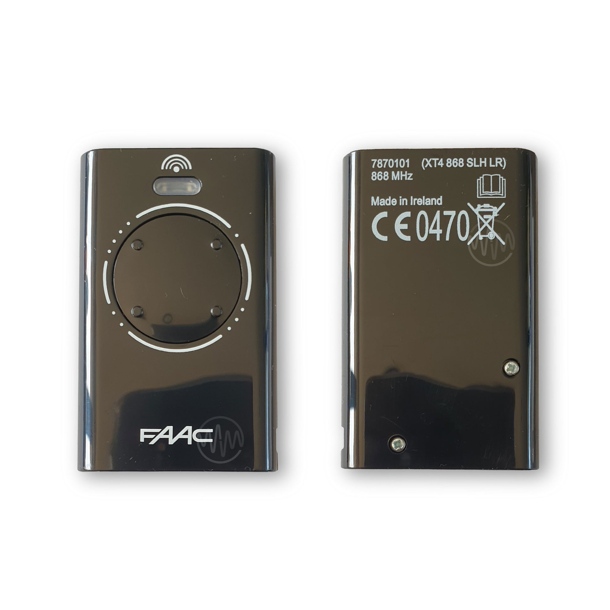 Front & back of Faac black XT4 868 SLH LR 4 button gate remote