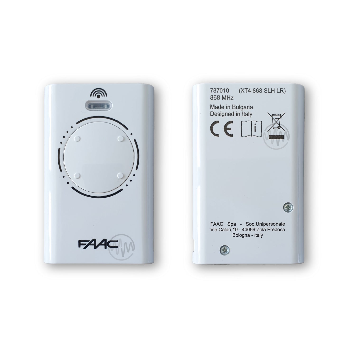Front & back of Faac white XT4 868 SLH LR 4 button gate remote