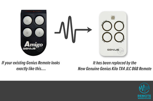Old black Amigo Genius branded gate remote with 4 round buttons is shown with its updated replacement white rectangle with 4 black outlined round button Genius branded remote