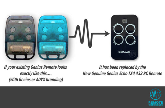 Old Genius 4 button gate remotes are shown with their updated replacement black rectangle with 4 white outlined round button Genius branded remote