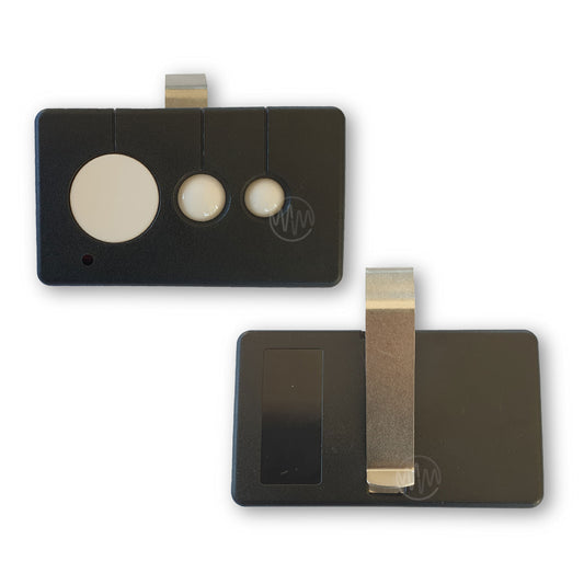 Garageace S6 black oblong sun visor garage remote with 3 white circle buttons front & back view