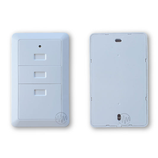 Garageace S6 white 3 button wireless wall mount garage remote front & back view