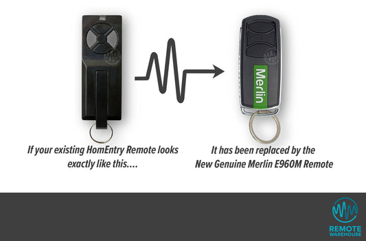 Black thin rectangle Homentry remote replaced with Merlin E960M long thin rectangle remote