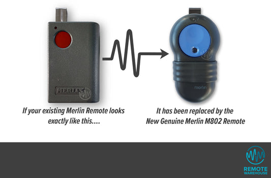 M2100 grey large single red button merlin remote replaced with Merlin M802 black & large blue circle button sun visor remote