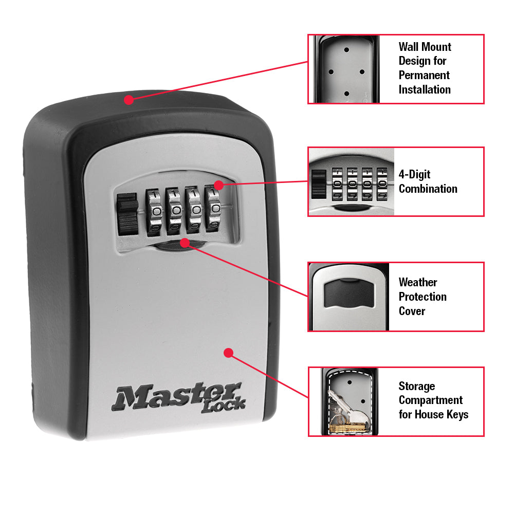 Master Lock MA5403 wall mount lockbox features being pointed to with red arrows