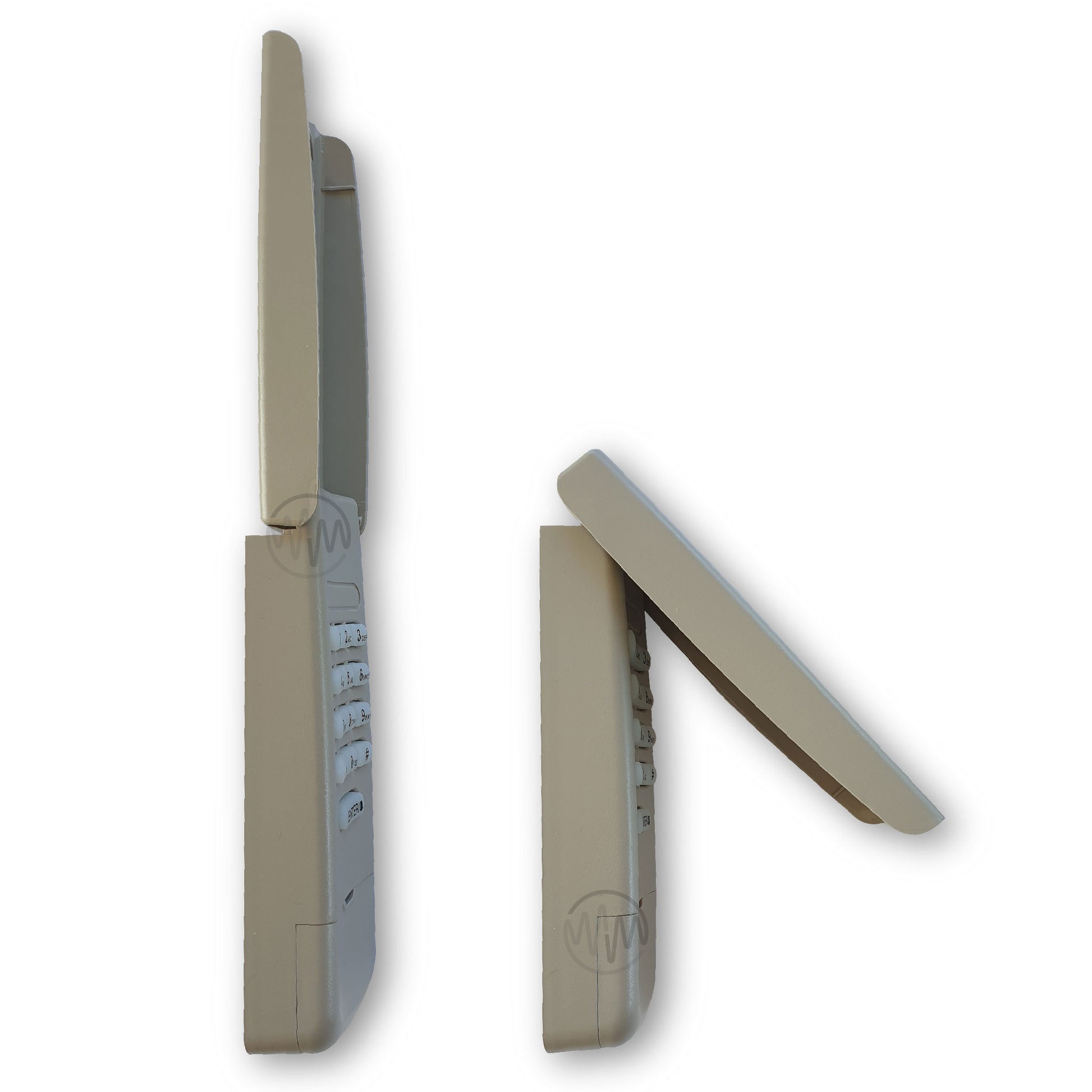 Merlin C840 beige garage door keypad side view with weather cover open